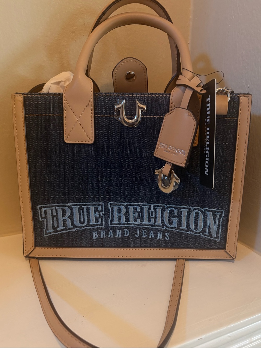 True Religion Bombe Logo Denim Tote Bag